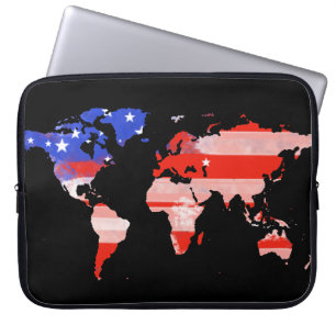 wereldkaart met vlag van de VS Laptop Sleeve