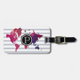 Wereldkaart Monogram Initiaal Modern Chique Gestre Bagagelabel