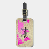 Wereldkaart Monogrammen Reizerroze Glitter Bagagelabel (Voorkant verticaal)