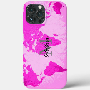 Wereldkaart Monogrammen reizigers Blush Pink Paars iPhone 13 Pro Max Hoesje