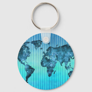 wereldkaart Neon Blue Stripes Sleutelhanger