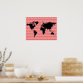 wereldkaart op het rode chevron-patroon poster (Keuken)