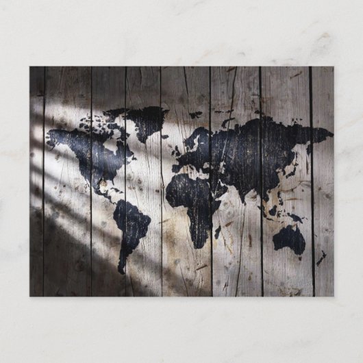 Wereldkaart op houtextuur briefkaart (Voorkant)