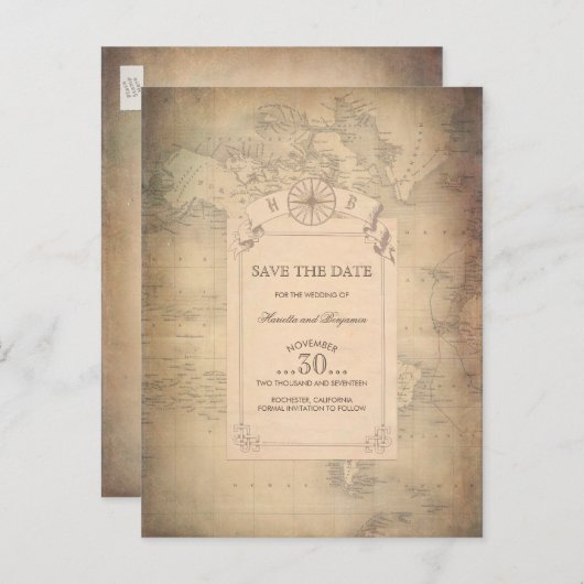 Wereldkaart Oude Save the Date Aankondigingskaart (Voorkant / Achterkant)