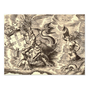 Wereldkaart Poseidon en Dolphin Foto Afdruk