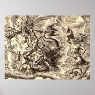 Wereldkaart Poseidon en Dolphin Poster