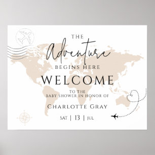 Wereldkaart reis baby shower welkomstbord poster