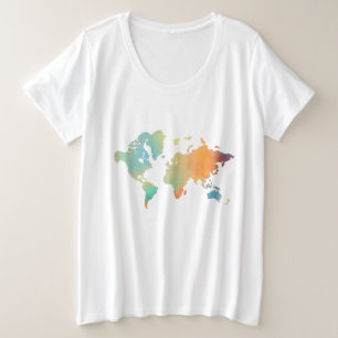 Wereldkaart Reizen Blauwgroen Strand Toerist Grote Maat T-shirt