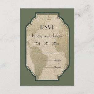  wereldkaart reizen thema bruiloft RSVP Kaartje