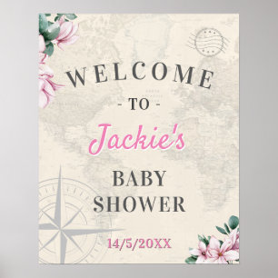 Wereldkaart Roze Floral Baby shower Welkom Poster