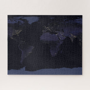 Wereldkaart 's Nachts licht de stad van de aarde. Legpuzzel