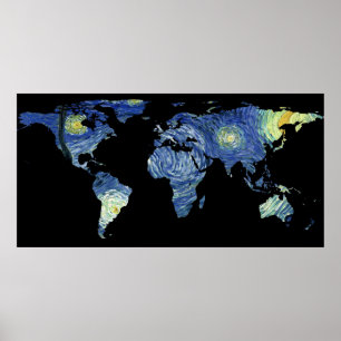 Wereldkaart Silhouette - De Sterrennacht Poster