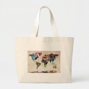 wereldkaart Stedelijke Waterverf Grote Tote Bag