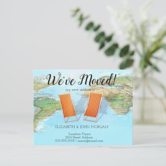 Wereldkaart,Stoel,Aankondiging nieuw adres Aankondigingskaart (Staand voorkant)