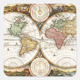  Wereldkaart Twee halfronden Zelden Antiek kunst Vierkante Sticker
