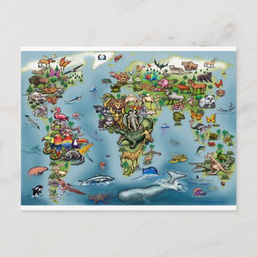 Wereldkaart van dieren briefkaart (Voorkant)