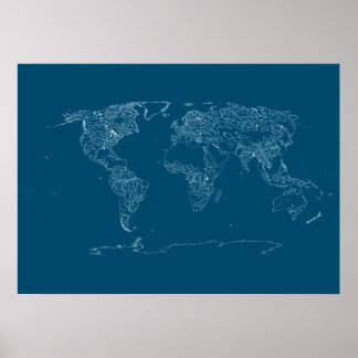 Wereldkaart van grote rivieren, meren en kustlijne poster