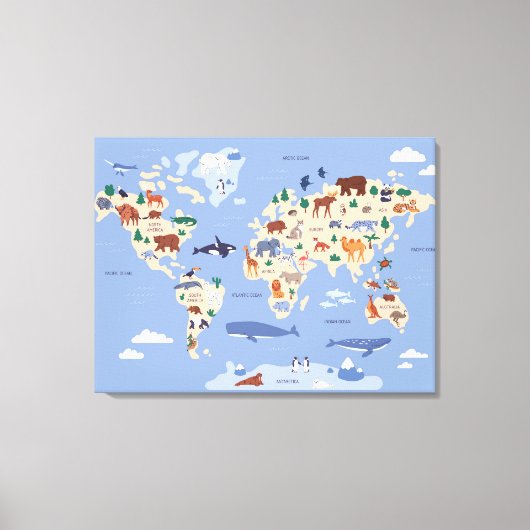 wereldkaart van kinderen met dieren canvas afdruk (Voorkant)
