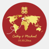 Wereldkaart voor rood en goud bestemming chinese b ronde sticker (Voorkant)