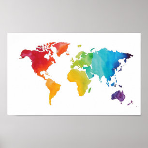 Wereldkaart waterverf - Oorspronkelijke Waterverf Poster
