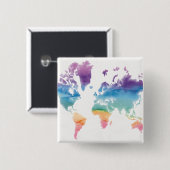 Wereldkaart waterverf vierkante button 5,1 cm (Voorkant /achterkant)