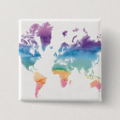 Wereldkaart waterverf vierkante button 5,1 cm (Voorkant)