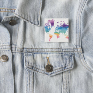 Wereldkaart waterverf vierkante button 5,1 cm