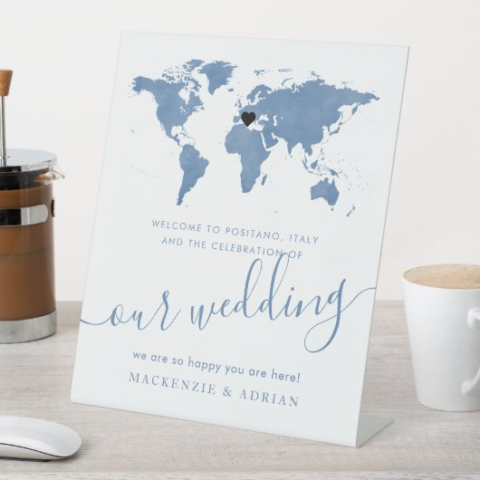 Wereldkaart Zachte Blauwe Waterverf van bestemming Reclamebord Met Voetstuk (Insitu)
