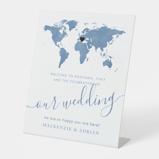 Wereldkaart Zachte Blauwe Waterverf van bestemming Reclamebord Met Voetstuk (Voorkant)