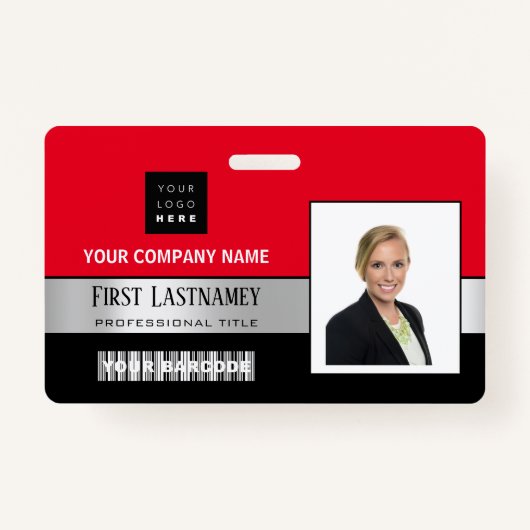 Werknemer Barcode Logo Naam Scanner Black Red Badge (Voorkant)