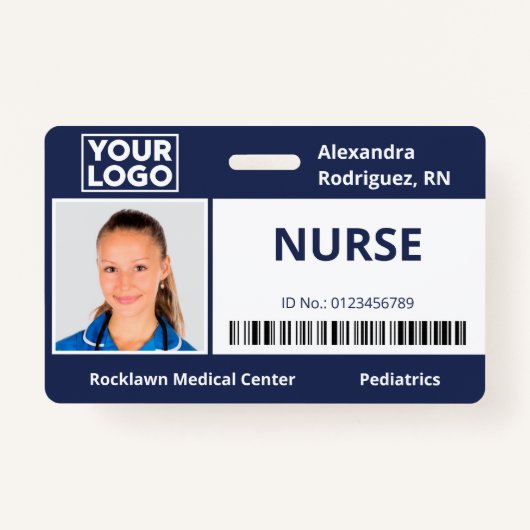 Werknemer Foto Logo Barcode Navy Blue Hospital ID Badge (Voorkant)