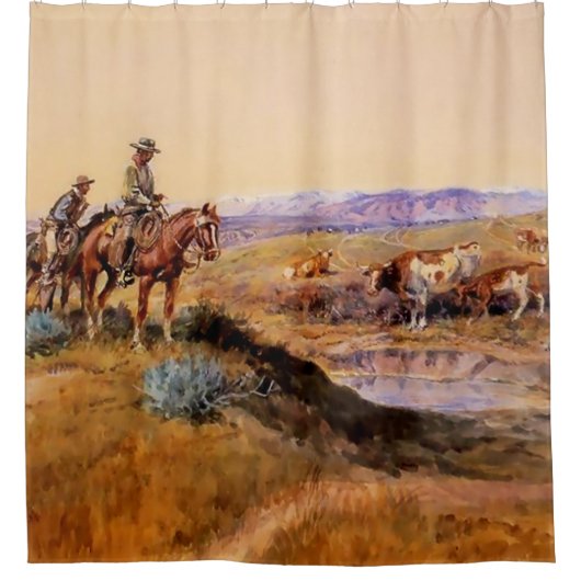 "Werkte over" Westerne kunst van Charles M Russell Douchegordijn (Voorkant)