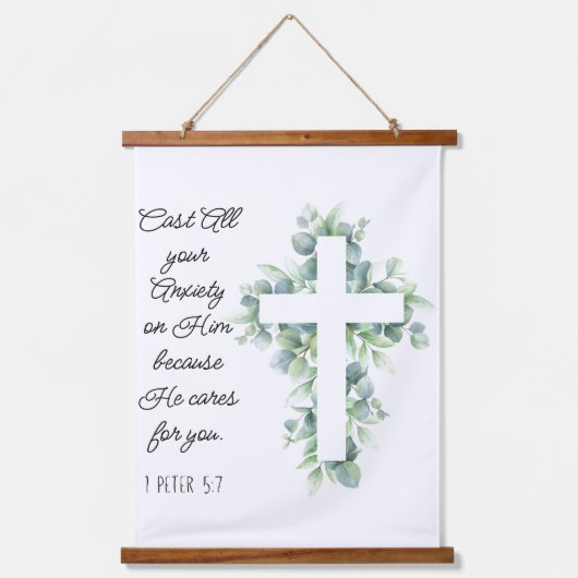 Werp al je angst op Hem Eucalyptus Kruis Hangend Wandkleed (Voorkant)