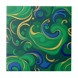 Wervelend Abstract patroon in rijk groen en goud Tegeltje