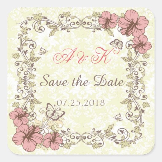 wervelingen, Hibiscus, vlinder Save the Date Vierkante Sticker (Voorkant)