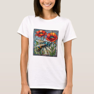 Wesp hoornaar bij gebrandschilderde klaproos bloem t-shirt
