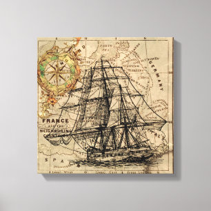 West-Europa  kaart met schip en kompas Canvas Afdruk
