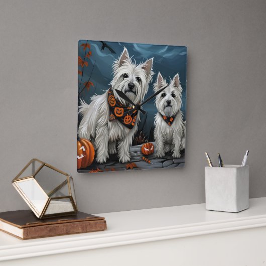 West Highland Halloween Spooky Vierkante Klok (Kantoor)