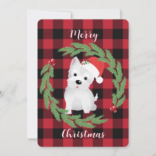 West Highland-hond met kerstmuts Buffalo Plaid Feestdagenkaart (Voorkant)
