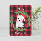 West Highland-hond met kerstmuts Buffalo Plaid Feestdagenkaart (Staand voorkant)