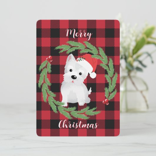 West Highland-hond met kerstmuts Buffalo Plaid Feestdagenkaart (Staand voorkant)