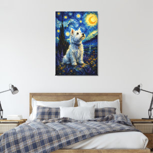West Highland Terrier Starry Night Olie Schilderij Canvas Afdruk