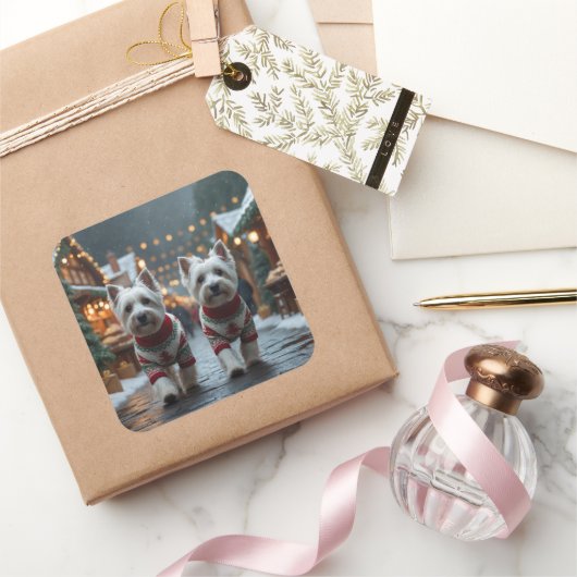 West Highland White Terrier Dogs Christmas Snow Vierkante Sticker (Geschenken)