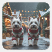 West Highland White Terrier Dogs Christmas Snow Vierkante Sticker (Voorkant)