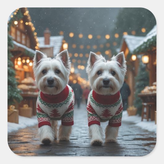 West Highland White Terrier Dogs Christmas Snow Vierkante Sticker (Voorkant)