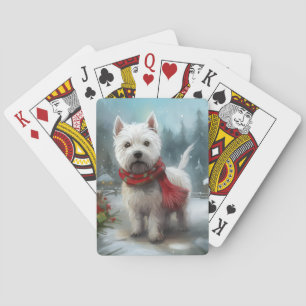 West Highland White Terrier-hond in de sneeuw met Pokerkaarten