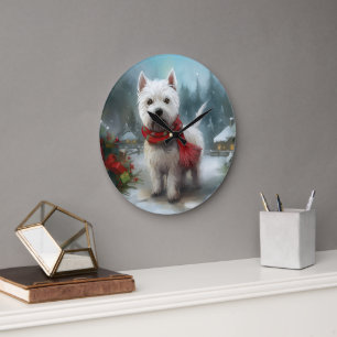 West Highland White Terrier-hond in sneeuw Kerstmi Grote Klok