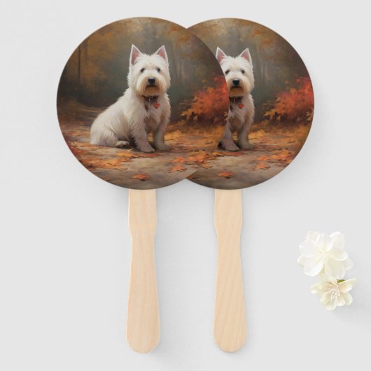 West Highland White Terrier in de herfst laat Herf Handwaaier (Voorkant en achterkant)