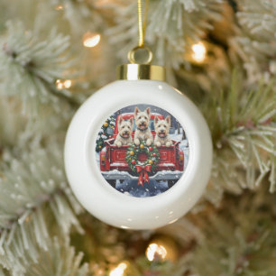 West Highland White Terrier Kerstmis Rode Truck Keramische Bal Ornament