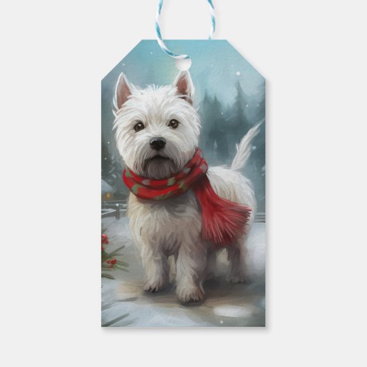 West Highland Witte Terriër Hond in Sneeuw Kerstmi Cadeaulabel (Achterkant)